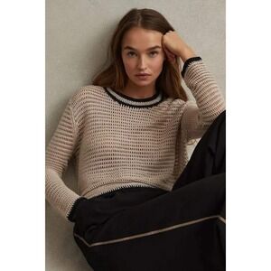 Reiss Astrid Oatmeal Crochet Open Knit Sweater Crew Neck Long Sleeve L